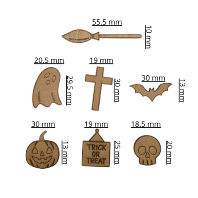 lot de 14 décorations halloween en contreplaqué de tilleul, citrouilles, chauves souris, balais, têtes de mort, croix, fantômes, panneaux trick or treat pour scrapbooking