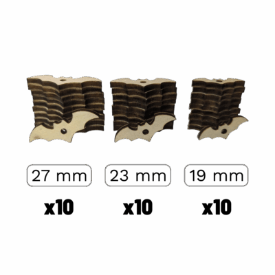 lot de 30 chauves souris en bois – 2 mm tilleul – 10×(27 mm), 10×(23 mm), 10×(19 mm) – découpes laser pour scrapbooking, diy, carterie, déco – bois issu de forêts gérées durablement (chauves souris), donnez du relief à vos créations avec ce lot de 30 pièces en bois découpées au laser. en ctp tilleul 2 mm, ces pièces sont légères, faciles à peindre (acrylique, gouache, feutres, teintes), à teinter ou à vernir. 3 tailles incluses bois issu de forêts gérées durablement (mention fournisseur). attention : petits éléments – ne convient pas aux enfants de moins de 36 mois. ce n’est pas un jouet.
