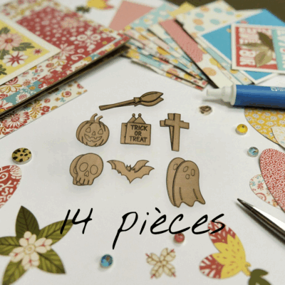 lot de 14 décorations halloween en contreplaqué de tilleul, citrouilles, chauves souris, balais, têtes de mort, croix, fantômes, panneaux trick or treat pour scrapbooking