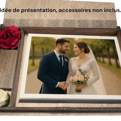 boîtier photo de mariage personnalisé en bois – gravure noms & date, format 10×15 avec compartiment clé usb – 150×206×21 mm – cadeau & photographe pro