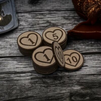 jetons de vie en bois – 20 pièces avec sac en coton | cœurs gravés 1 5 10 pour jeux de société, jdr, wargames, magic, d&d