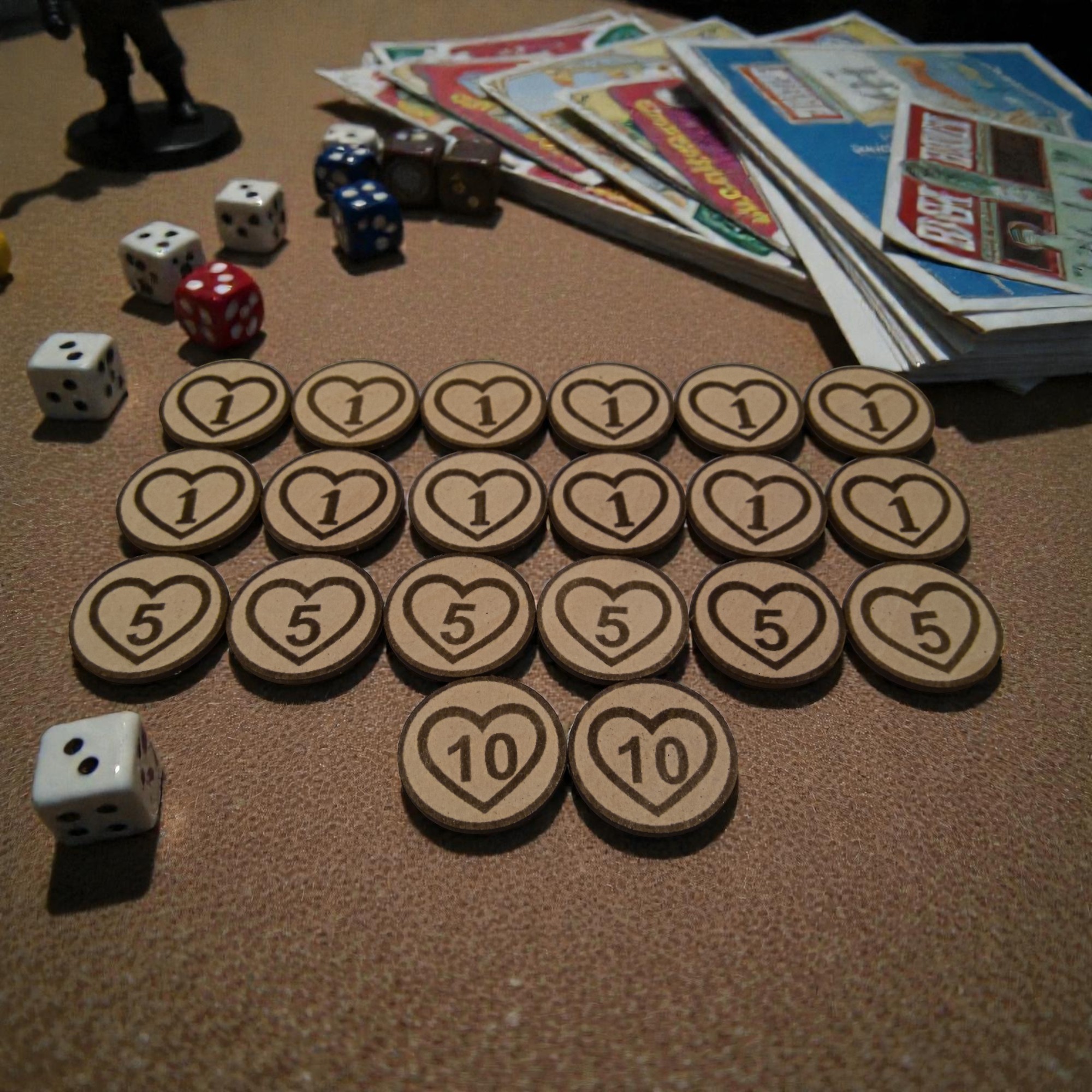 jetons de vie en bois – 20 pièces avec sac en coton | cœurs gravés 1 5 10 pour jeux de société, jdr, wargames, magic, d&d jetons de vie en bois – 20 pièces avec sac en coton | cœurs gravés 1 5 10 pour jeux de société, jdr, wargames, magic, d&d
